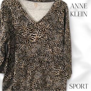NWT ANNE KLEIN SPORT WOMENS BLOUSE 3/4 SLEEVE LEOPARD PRINT SIZE 1X